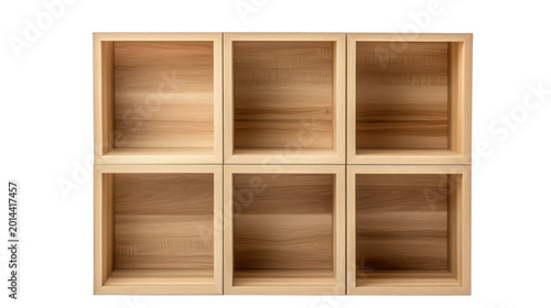 Small wooden storage unit featuring six square compartments for modular display.