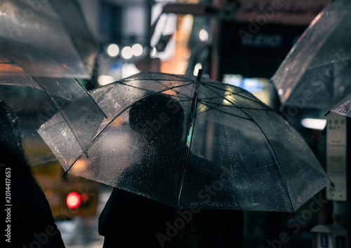 drops on a transparent umbrella on a rainy evening