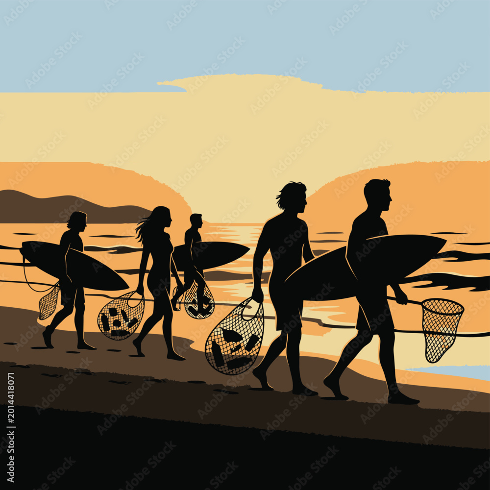 Fototapeta premium Silhouette of group of surfers walking on beach at sunset