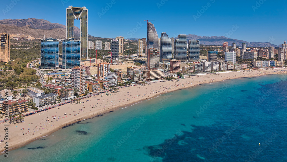 Fototapeta premium Aerial coastline with skyscrapers and beach Benidorm Spain.