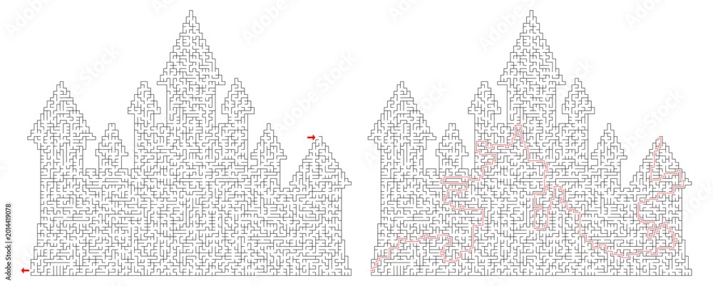 Obraz premium Castle shape maze labyrinth puzzle with solution