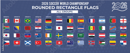 2026 World Football Championship Group Table Template with Rounded Rectangle Flags Collection 