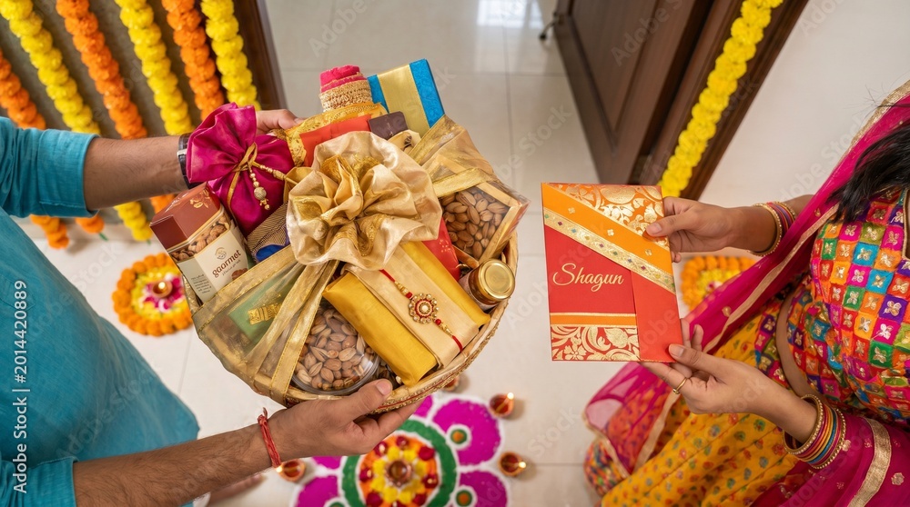 Fototapeta premium Top Angle View of Indian Brother Exchanging Luxury Gift Hamper and Shagun Envelope with His Sister on Rakshabandhan