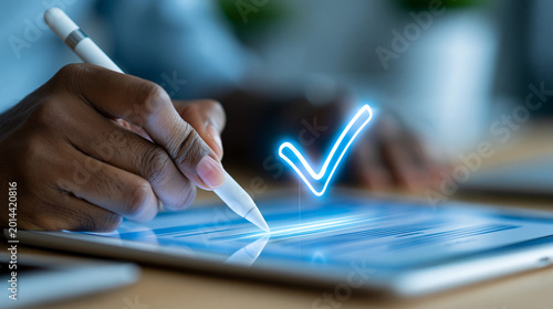 Close-up of a stylus pen signing an electronic document on a tablet with a holographic checkmark appearing, digital signature concept, e-signature technology, secure online