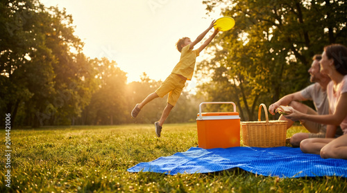 Boy jumping to catch frisbee during family picnic in park  