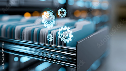 Close-up of a digital document management system showing organized folders and workflow gear automation icons, DMS concept, business data processing, paperless corporate