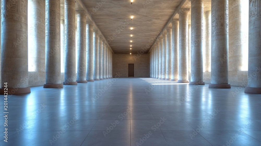 Naklejka premium Grand Colonnade Hallway with Natural Light and Polished Floor.