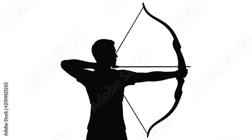 Silhouette of a focused archer aiming with a recurve bow isolated on a clean white background