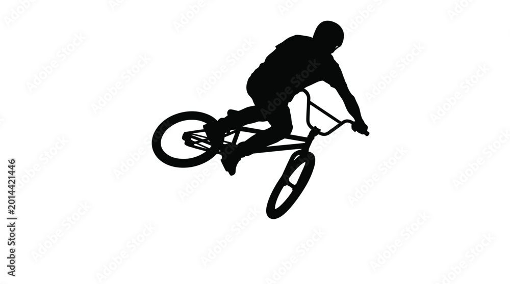 Fototapeta premium Black silhouette of a young person riding a bmx bike while performing an impressive jump