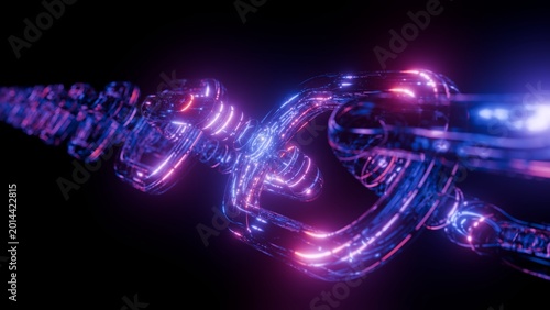 Εκτύπωση καμβά 3D Image of a digital blockchain with data flowing in stylized neon streaks