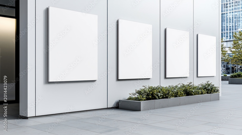 Fototapeta premium Four blank white posters on a modern building exterior wall with plants.