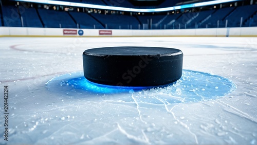 Hockey Puck on Scratched Ice with Blue Glow