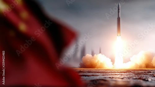 A missile launcher and rockets flying out against the background of the Chinese flag. Weapons , Military Power Concept. System of salvo fire. Nuclear bomb, chemical weapons. Geopolitical tension