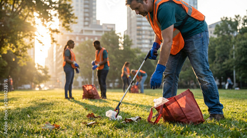 Volunteers cleaning up litter in park during community event  