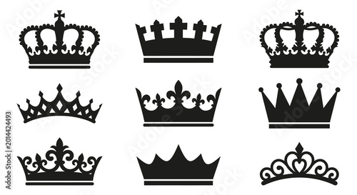 Canvastavla Collection of black crown silhouettes on a white background