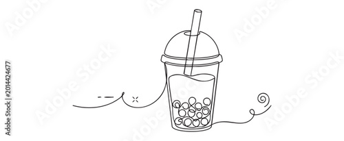 Continuous line drawing of bubble tea with tapioca pearls in a plastic cup with a straw, minimalist vector illustration for modern beverage and refreshing summer drink concept