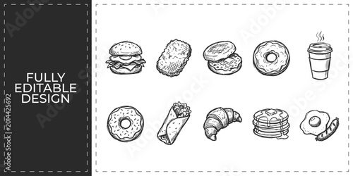 Quadro su tela Set of fast food icons with burger pizza and donut for restaurant and cafe menu