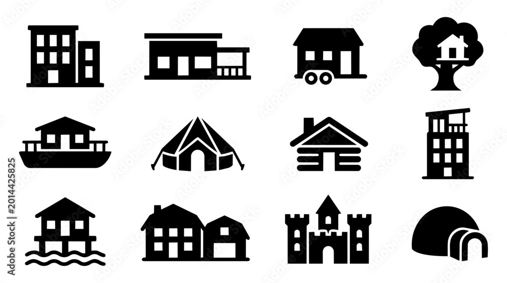 Fototapeta premium Vacation Rental Property Silhouette Icon Set – Holiday Accommodation Types and Travel Homes