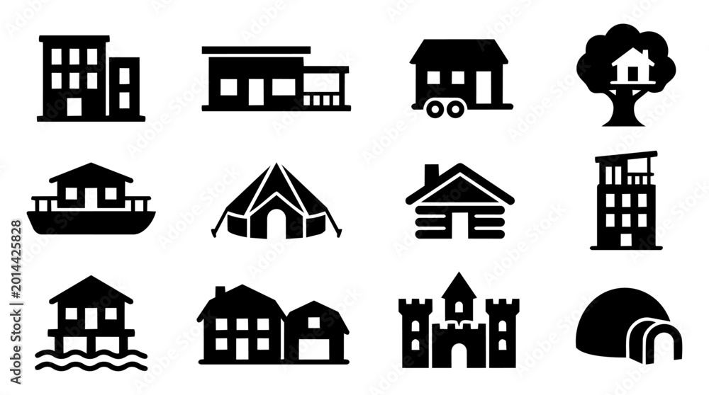 Fototapeta premium Vacation Rental Property Silhouette Icon Set – Holiday Accommodation Types and Travel Homes
