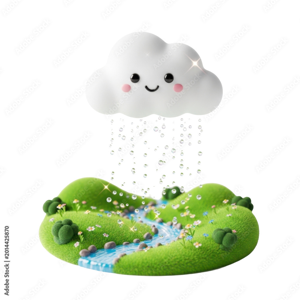 Naklejka premium Cute smiling cloud raining over a green valley