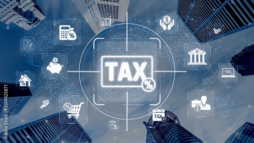 Foto Digital Concept of Taxation with Financial Icons and Tall Buildings Representing