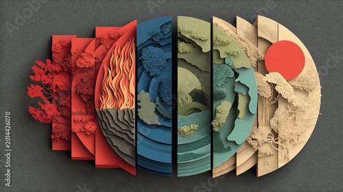 Paper-cut layered semicircle artwork depicting five Chinese natural elements, wood, fire, water, earth, and metal, in red, blue, and beige tones.