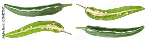 Foto Green chili peppers isolated on white, set