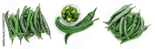 фотографія Green chili peppers isolated on white, set