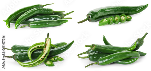Obraz na płótnie Green chili peppers isolated on white, set