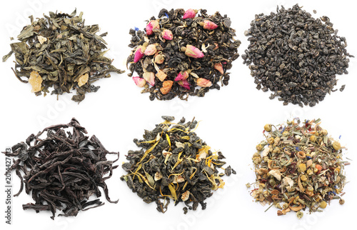 Tableau sur toile Different types of dry tea isolated on white, set. Top view