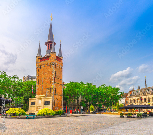 Belfry of Kortrijk Belfort bell tower and City Hall building on Grote Markt Courtrai Central market square in old town Kortrijk city historical centre, West Flanders province, Flemish Region, Belgium