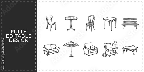 Quadro su tela Set of furniture and home decor icons with chair sofa and table for interior des