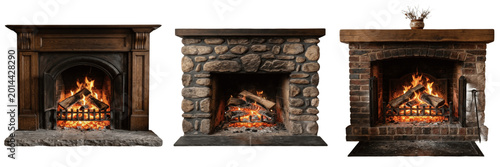 Cozy Stone Fireplace with Burning Wood Logs and Glowing Embers Isolated on White Background, 3D Illustration for Interior Design Concepts, Home Comfort Branding, and Winter Season Graphics.