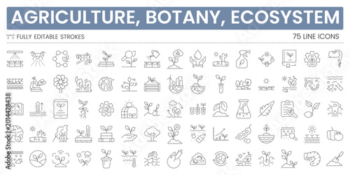 Bilde på lerret Agriculture and botany line icon set with ecosystem, farming, plants, growth, so
