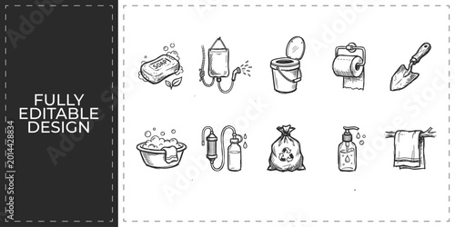 Foto Set of cleaning and household icons with bucket spray and mop for cleaning servi