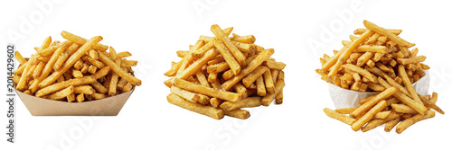 Large Portion of Golden French Fries Isolated on White Background, Realistic 3D Illustration for Fast Food Packaging, Restaurant Menus, Takeaway Advertising, and Salty Snack Graphics.