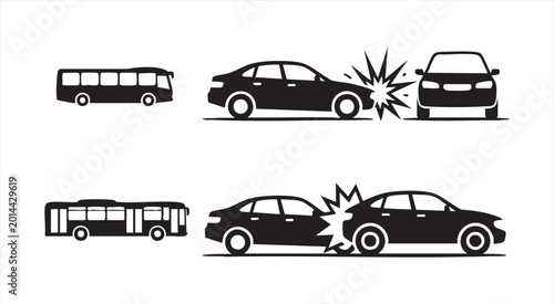 Foto Road accident icons showing car crash and bus collision scenarios isolated on white graphic design