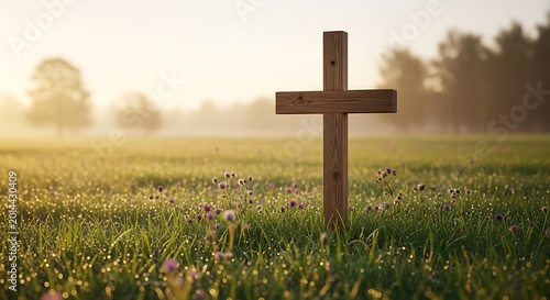 Wooden cross in green grass field.