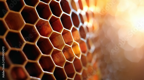 The detailed structure of a honeycomb, focusing on the hexagonal cells and warm colors of beeswax with light enhancing the texture.