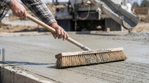 Construction worker using a stiff brush to create texture on the surface of freshly poured wet concrete