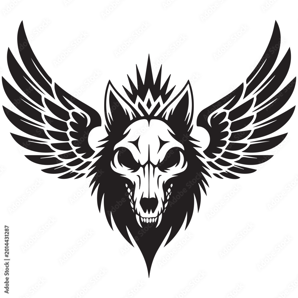 Obraz premium Black and white illustration of a wolf skull with wings isolated on white background