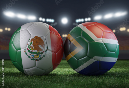 Two soccer balls in flags colors on a stadium blurred background. Mexico and South Africa. 3D image.
