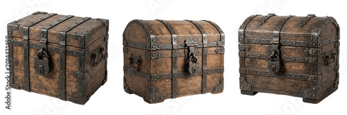 Fényképezés Ancient Wooden Treasure Chest with Iron Lock Isolated on White Background, 3D Illustration for Adventure Games, Fantasy Roleplay Prop Assets, and Hidden Wealth Graphic Design Concepts