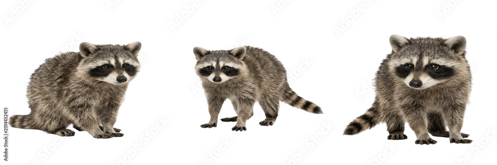 Obraz premium Curious Wild Raccoon Walking Side Profile 3D Illustration Isolated on White Background, Nature Wildlife Character for Zoo Branding, Forestry Education, and Animal Kingdom Graphic Assets.