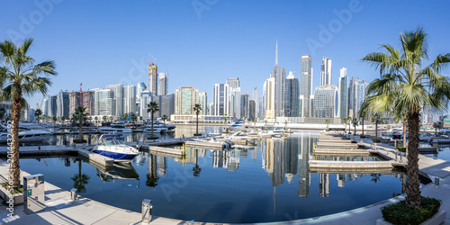 Downtown Dubai skyscrapers with Burj Khalifa skyline panorama at Marasi Bay Business Bay Canal