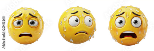 Canvas-taulu Yellow Worried Face Emoji with Sweat Drops 3D Illustration Isolated on White Background, Anxious Emotional Character for Expressing Stress, Nervousness, and Panic in Social Media