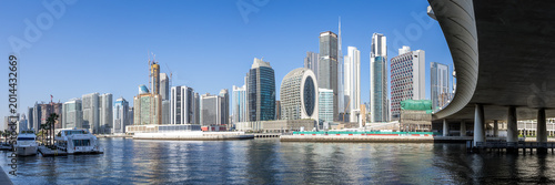 Downtown Dubai skyscrapers panorama with Burj Khalifa skyline at Marasi Bay Business Bay Canal