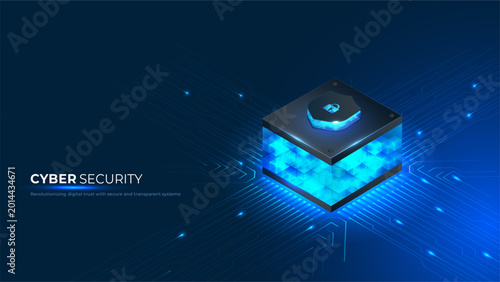 Cyber security data protection system showing encrypted server with padlock icon on a digital circuit background. Vector illustration