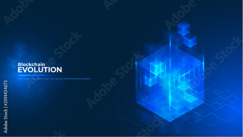 Blockchain evolution concept showing glowing digital cubes connected in a secure network data transfer background. Vector illustration