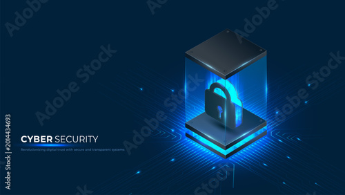Cyber security concept showing data protection with digital lock in a glowing transparent box over circuit board background. Vector illustration